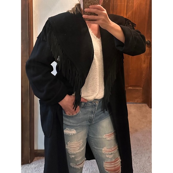 Rockstar! VTG Rare! Fitz-Wright‎ Fringe Wool Coat Western Fringe Jacket Black XL - Picture 1 of 15